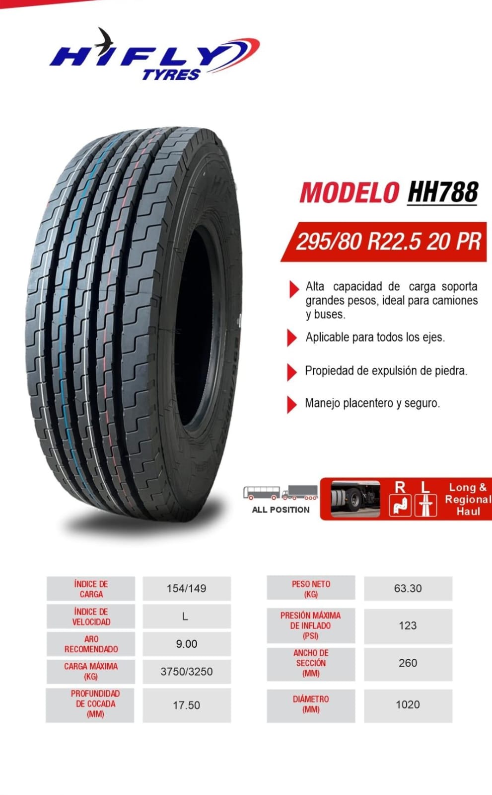 295/80R22.5  HIFLY  HH788 20PR  27.90 CM EXTRA ANCHA DELANTERA